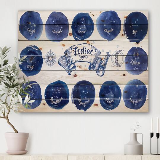 Designart - Collection of Astrology Signs On Blue - Modern Print on Natural Pine Wood